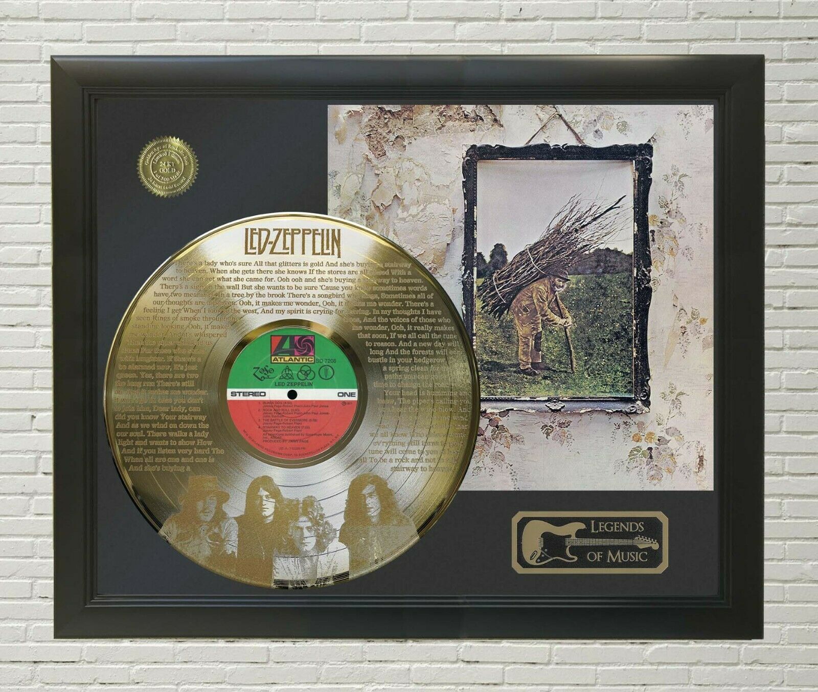 Led Zeppelin Cherry Wood Gold LP Record Framed Etched Signature