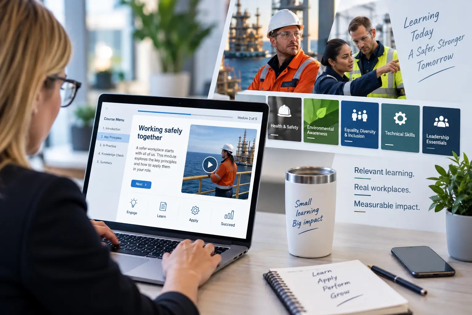 A learner using a digital training module alongside examples of workplace learning topics and technical teams.