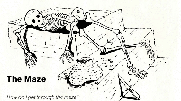 A skeleton slumps on a stair, a bag of coins and a knife nearby. A depiction of a room in Zork I