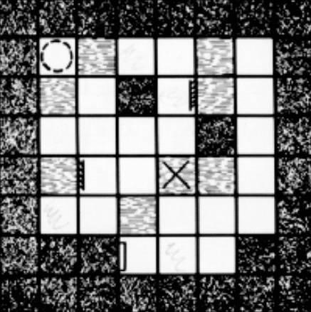 An overhead "map" of Zork III's Royal Puzzle. It consists of a 5x5 grid of differently colored squares. The white squares are open areas. The grey squares a pushable blocks of granite, and the black squares represent immobile marble walls.