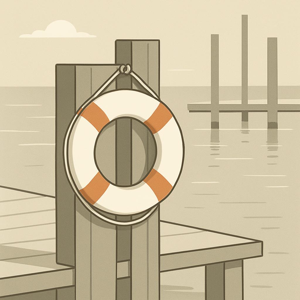 An illustration of an empty wooden dock on what appears to be a lake or sea at dusk. At the far end of the dock against th...
