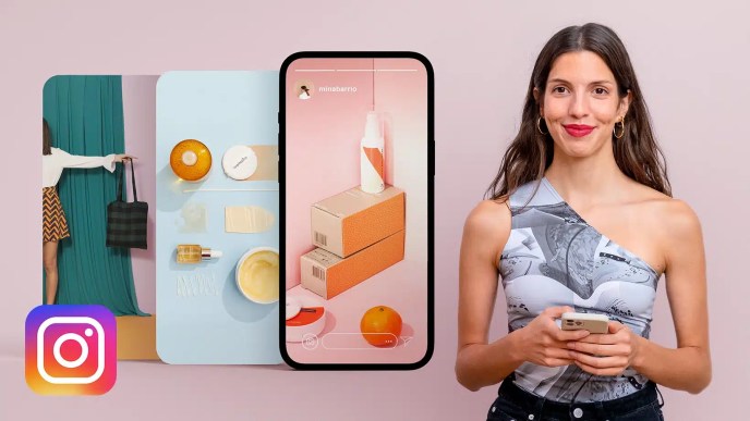 A smiling woman holding a smartphone stands next to an Instagram logo and images of products, including skincare items, an orange, and a purse—promoting courses online displayed on her phone screen and colored boards.