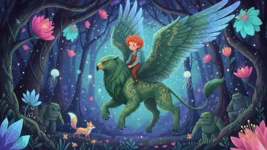 A curly-haired child rides a green, winged griffin through a magical forest with glowing flowers, jellyfish-like lights, statues, and a curious fox, all beneath a starry sky.