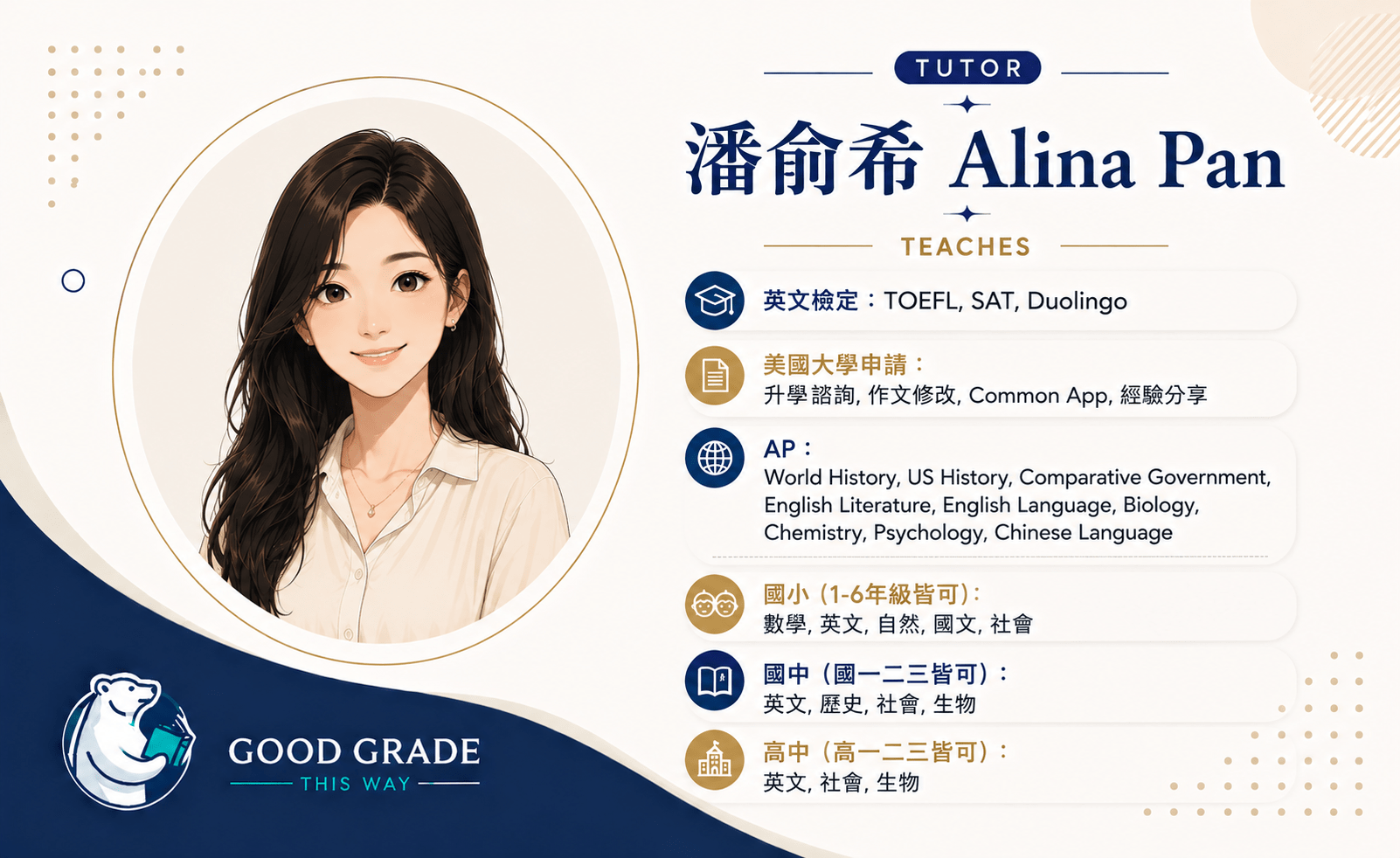 國際課程・英文檢定・美國大學申請｜一對一客製化家教｜潘俞希 Alina Pan