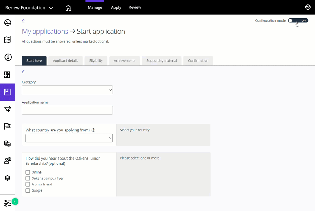 Good Grants interface showing the drag and drop application form builder functionality