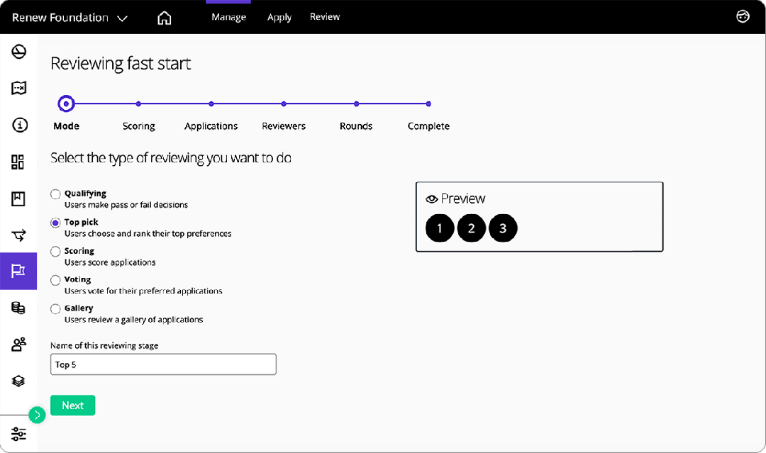 Good Grants interface showing how to configure reviewing fast start in 5 steps