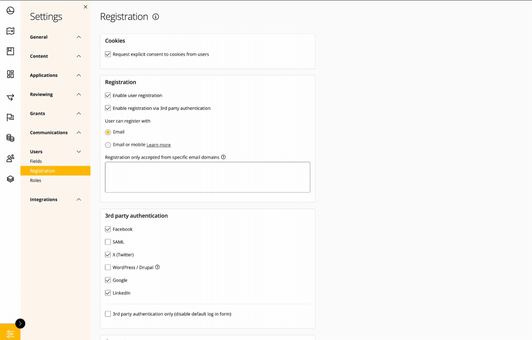 Good Grants interface showing that the user can configure SAML in the registration settings.