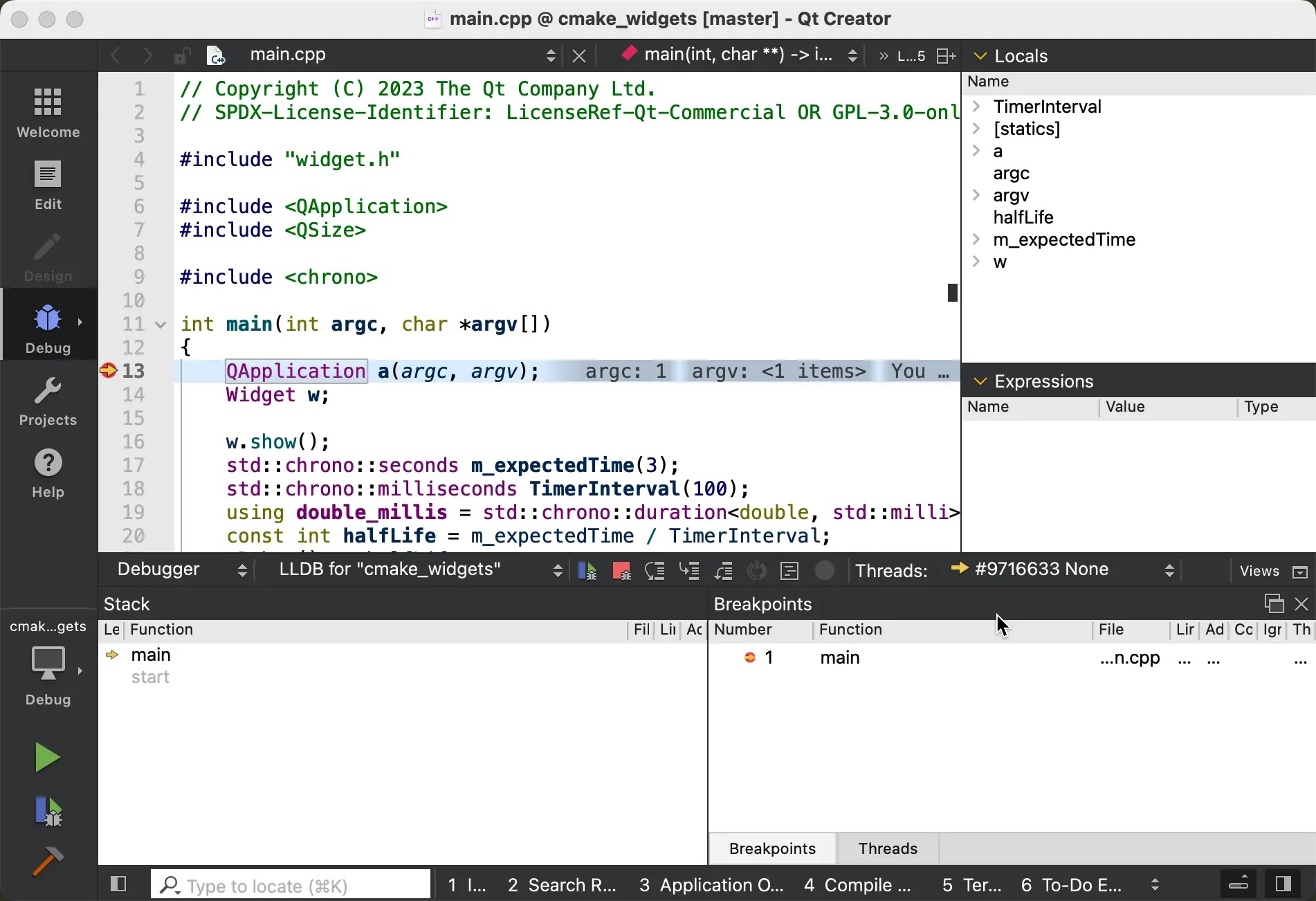 Qt Creator 13 : dock debug