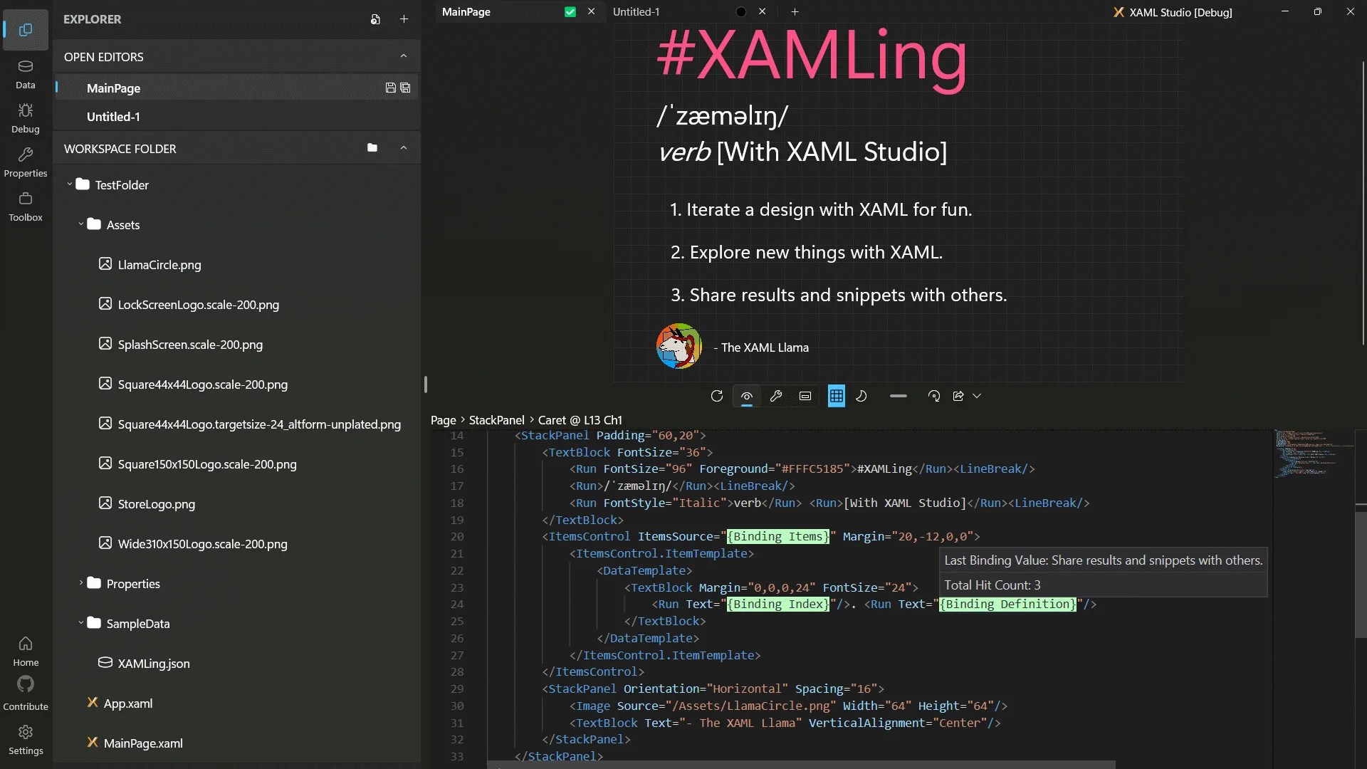 interface de développement xaml studio montrant du code xaml et une définition du verbe xamling avec un logo de lama.