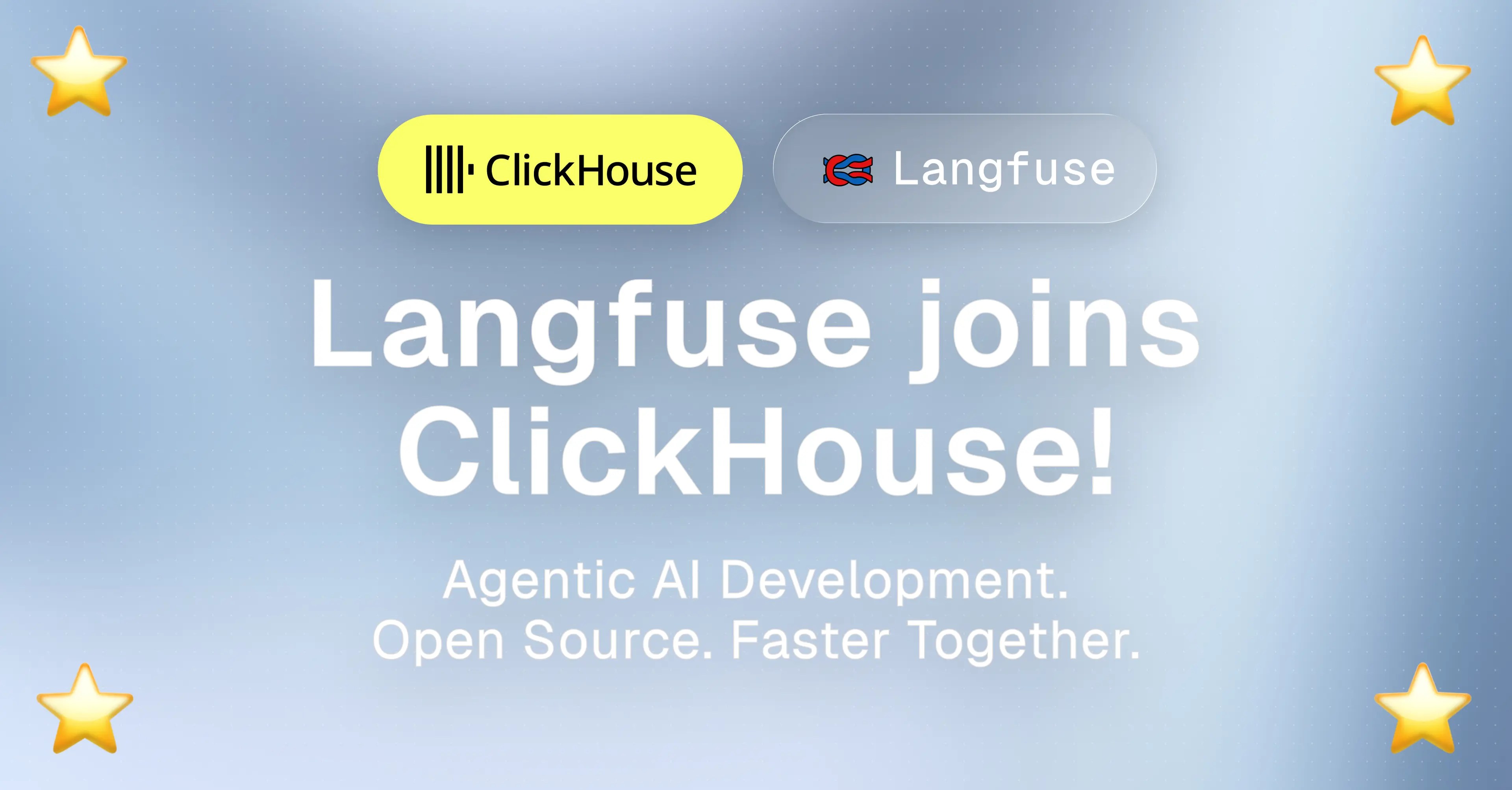 Illustration stylisée montrant les logos de ClickHouse et Langfuse sur un fond bleu clair avec le texte "Langfuse joins ClickHouse! Agentic AI Development. Open Source. Faster Together."