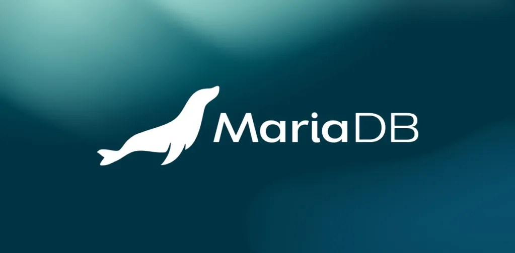 Logo MariaDB avec otarie blanche stylisée sur fond dégradé bleu-vert
