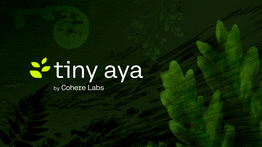 Logo Tiny Aya de Cohere Labs sur fond vert avec feuillage tropical