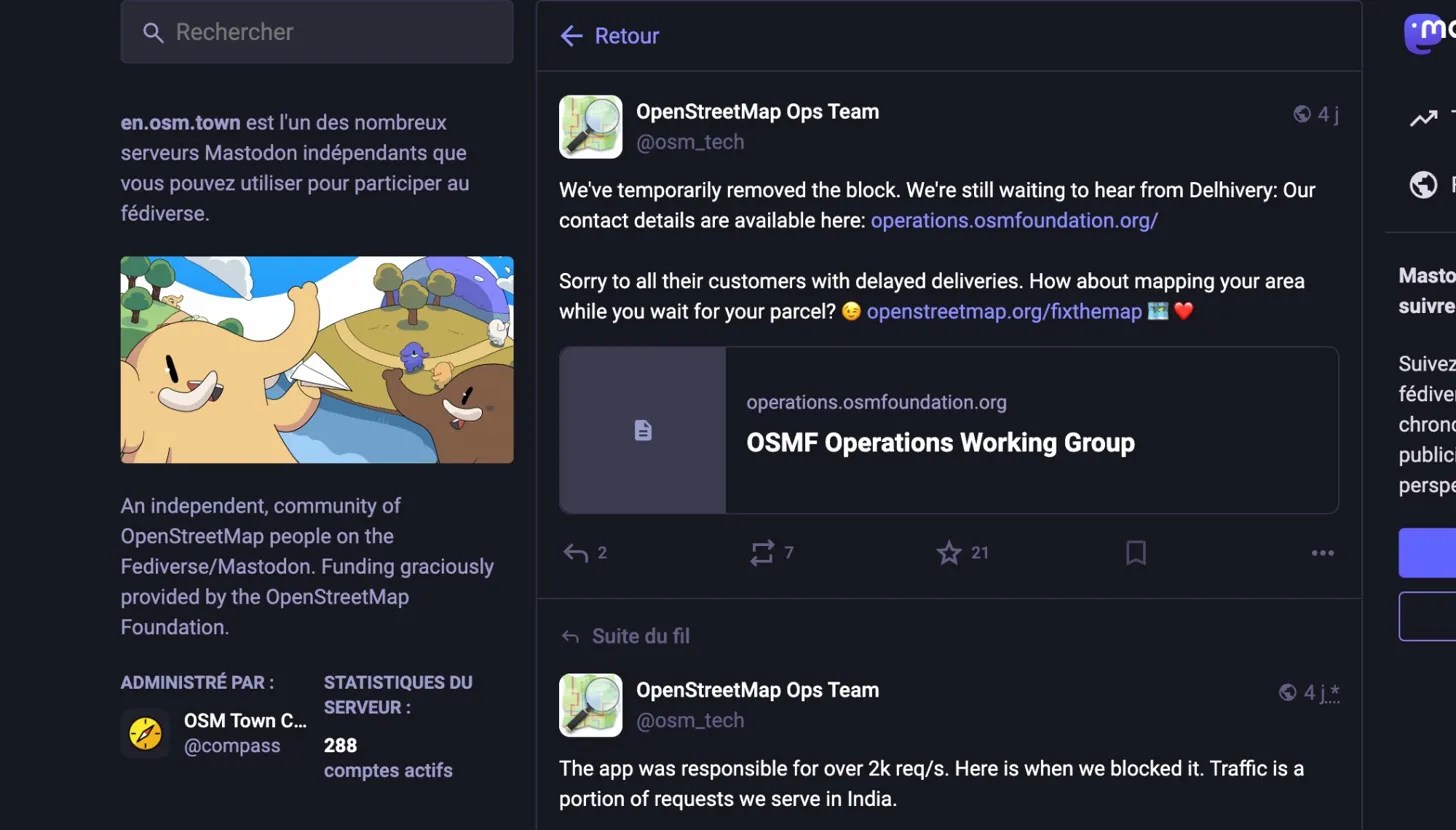 Capture d'écran d'un post Mastodon de l'équipe OpenStreetMap Ops Team sur le blocage de l'application Delhivery