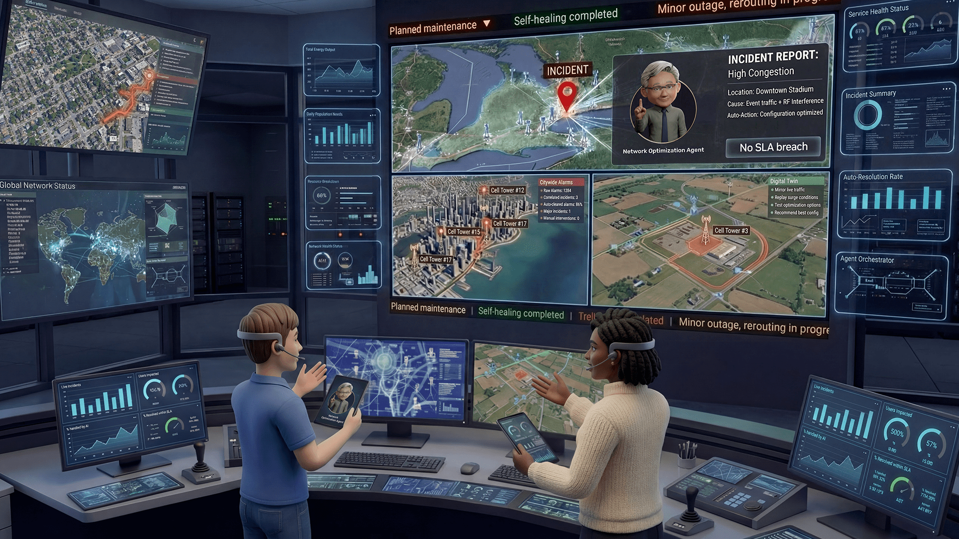 Illustration d'un centre d'opérations réseau futuriste où des agents IA collaborent avec des humains pour gérer des incidents de congestion en temps réel.