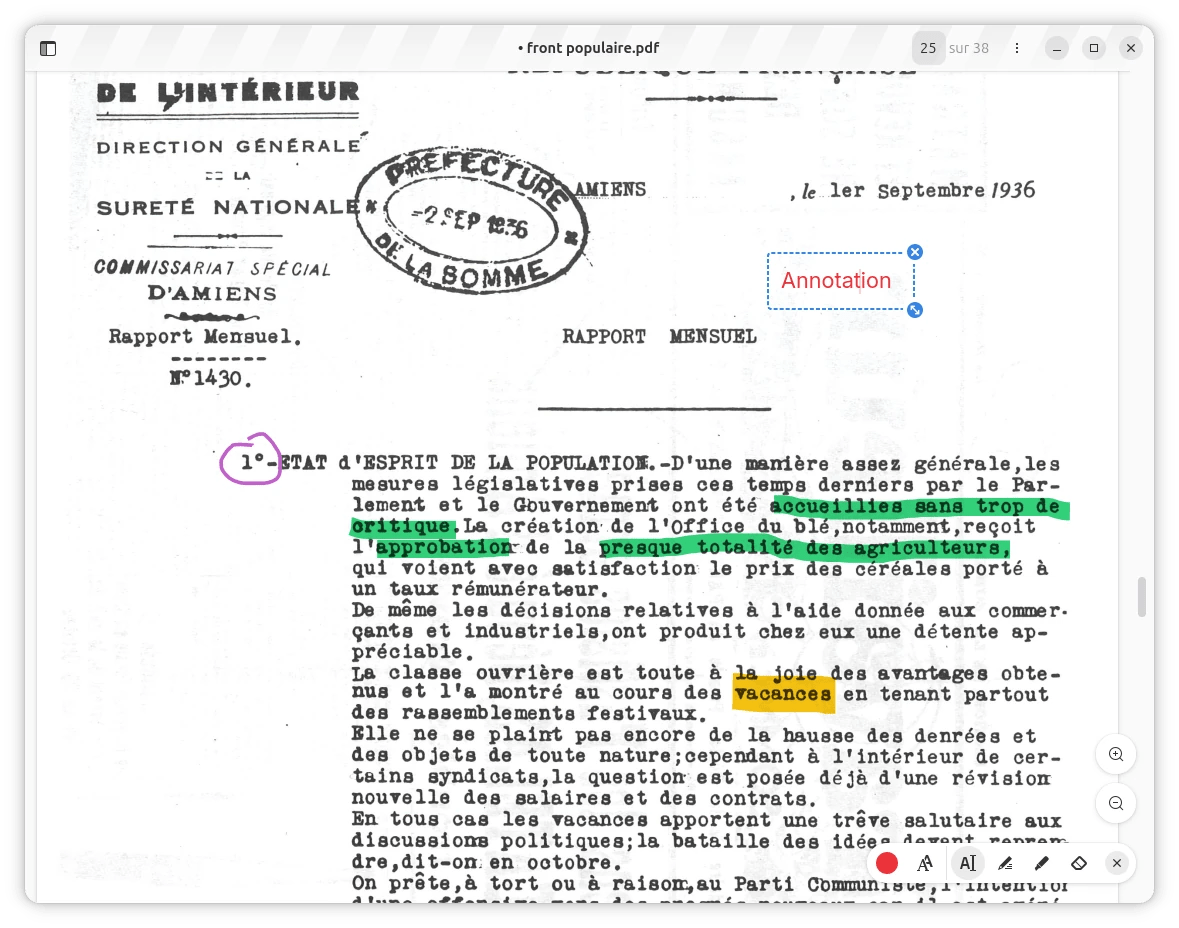 Interface du Visionneur de documents GNOME 50 affichant un document historique de 1936 avec annotations colorées, surlignages et zones de texte actives