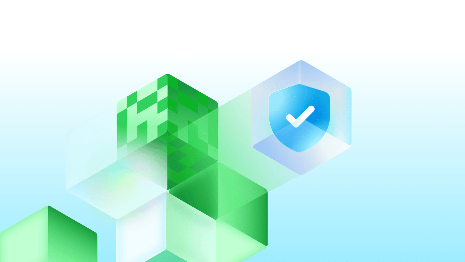 Illustration abstraite représentant des blocs hexagonaux verts et un bouclier bleu avec coche, symboles de sécurité logicielle et de code open source