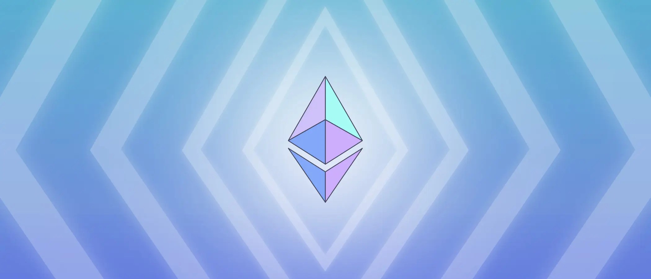 Logo Ethereum stylisé en dégradé bleu et violet sur fond géométrique, visuel officiel de la Fondation Ethereum