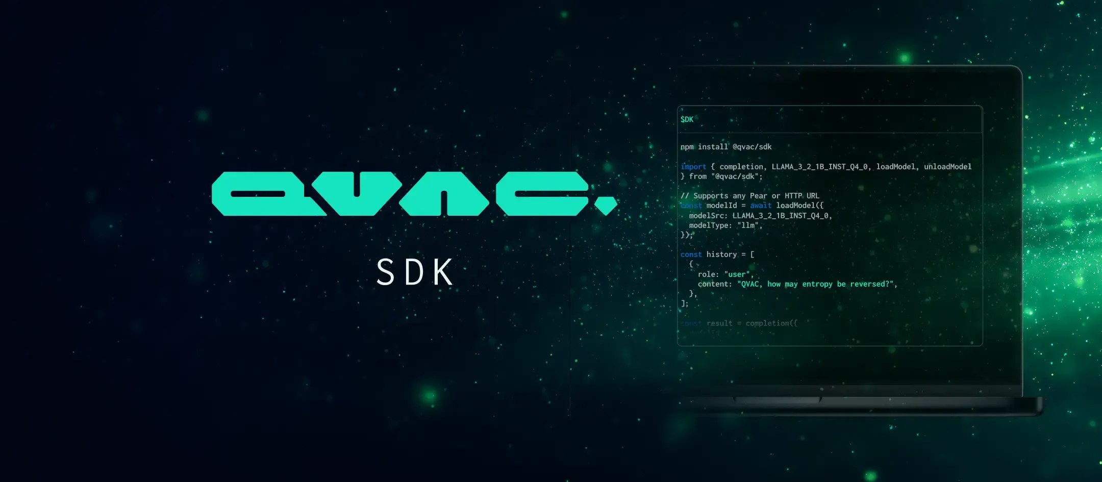 Logo QVAC SDK à gauche et un écran d'ordinateur portable à droite montrant du code JavaScript pour charger un modèle Llama 3 en local.
