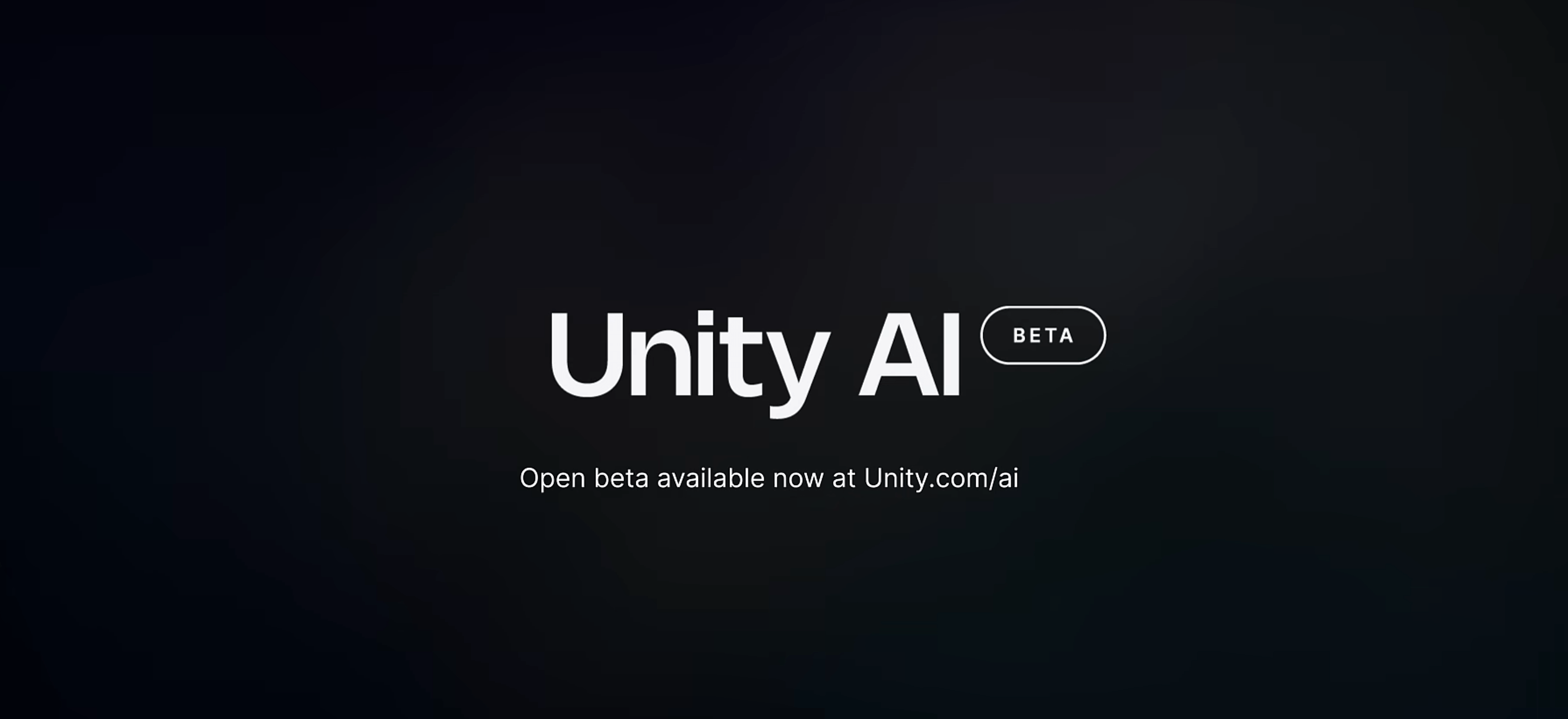 Image promotionnelle de Unity montrant le texte "Unity AI" en blanc sur un fond noir dégradé, avec un petit badge "BETA" à côté. En dessous, on lit "Open beta available now at Unity.com/ai".