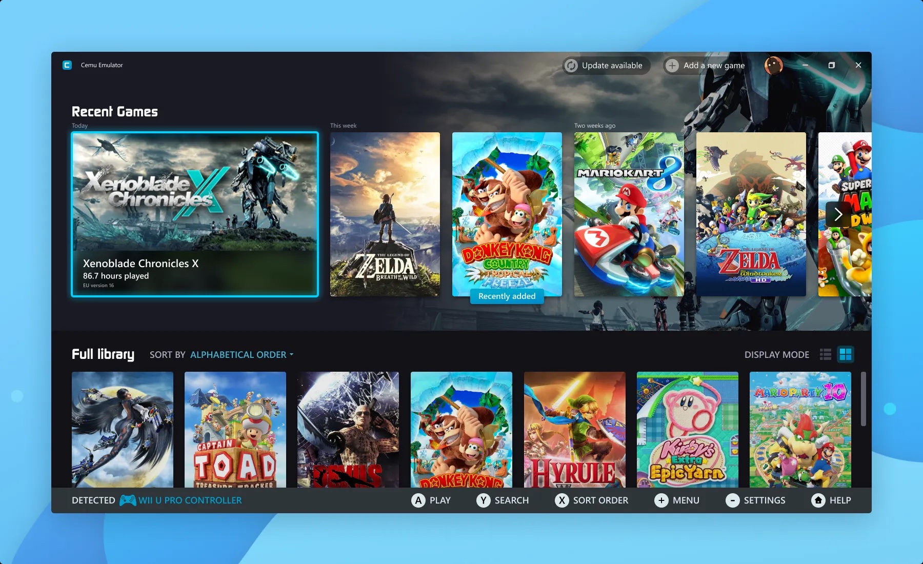 Interface utilisateur de l'émulateur Cemu affichant une grille de jeux récents : Xenoblade Chronicles X, Zelda Breath of the Wild, Donkey Kong Country Tropical Freeze, Mario Kart 8. Le design est sombre avec des coins arrondis et une barre de navigation en bas.