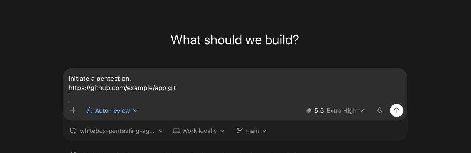 Interface en ligne de commande sur fond noir épuré. Au centre, une boîte de dialogue d'invite textuelle affiche la question "What should we build?". En dessous, le texte saisi indique "Initiate a pentest on: https://github.com/example/app.git". La ligne inférieure affiche les options de configuration de l'agent : "whitebox-pentesting-agent", "Work locally" et la branche "main". Le logo minimaliste vert d'Hadrian est visible en haut à droite.