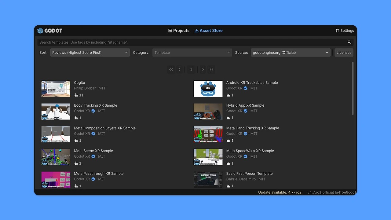 Interface du nouveau magasin de ressources (Asset Store) intégré dans l'éditeur de jeu Godot 4.7, affichant une liste de modèles de projets et d'extensions XR sous un thème sombre.