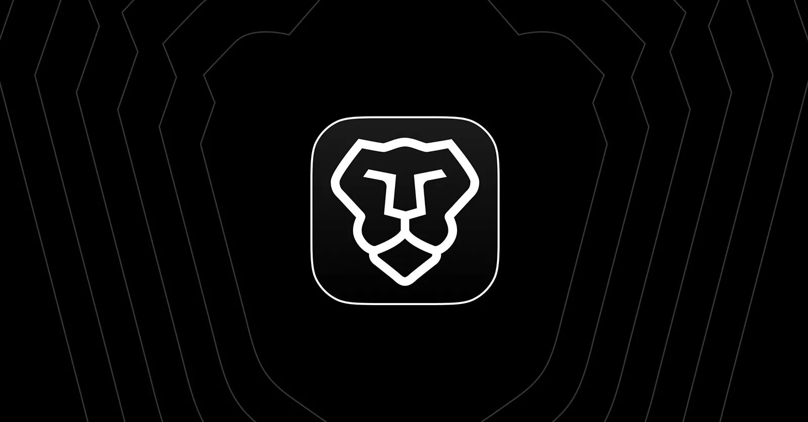 Logo officiel de Brave représentant une tête de lion dessinée en lignes blanches épurées au centre d'un blason noir, entouré de lignes géométriques concentriques blanches et grises sur un fond entièrement noir.