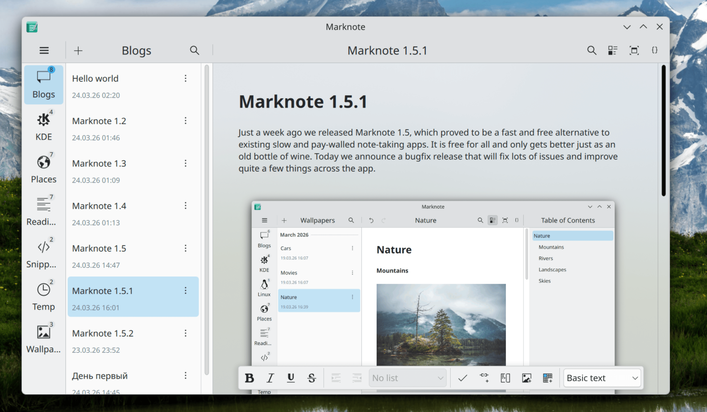 Interface utilisateur du logiciel de prise de notes MarkNote version 1.5.1 s'exécutant sur un bureau Linux. Le volet latéral gauche affiche une arborescence de notes intitulées Hello World, Marknote 1.2, 1.3, 1.4, 1.5 et 1.5.1. La zone centrale affiche la note 1.5.1 expliquant qu'il s'agit d'une alternative rapide et gratuite aux applications payantes, avec une capture d'écran imbriquée montrant une autre note sur la nature et la montagne.