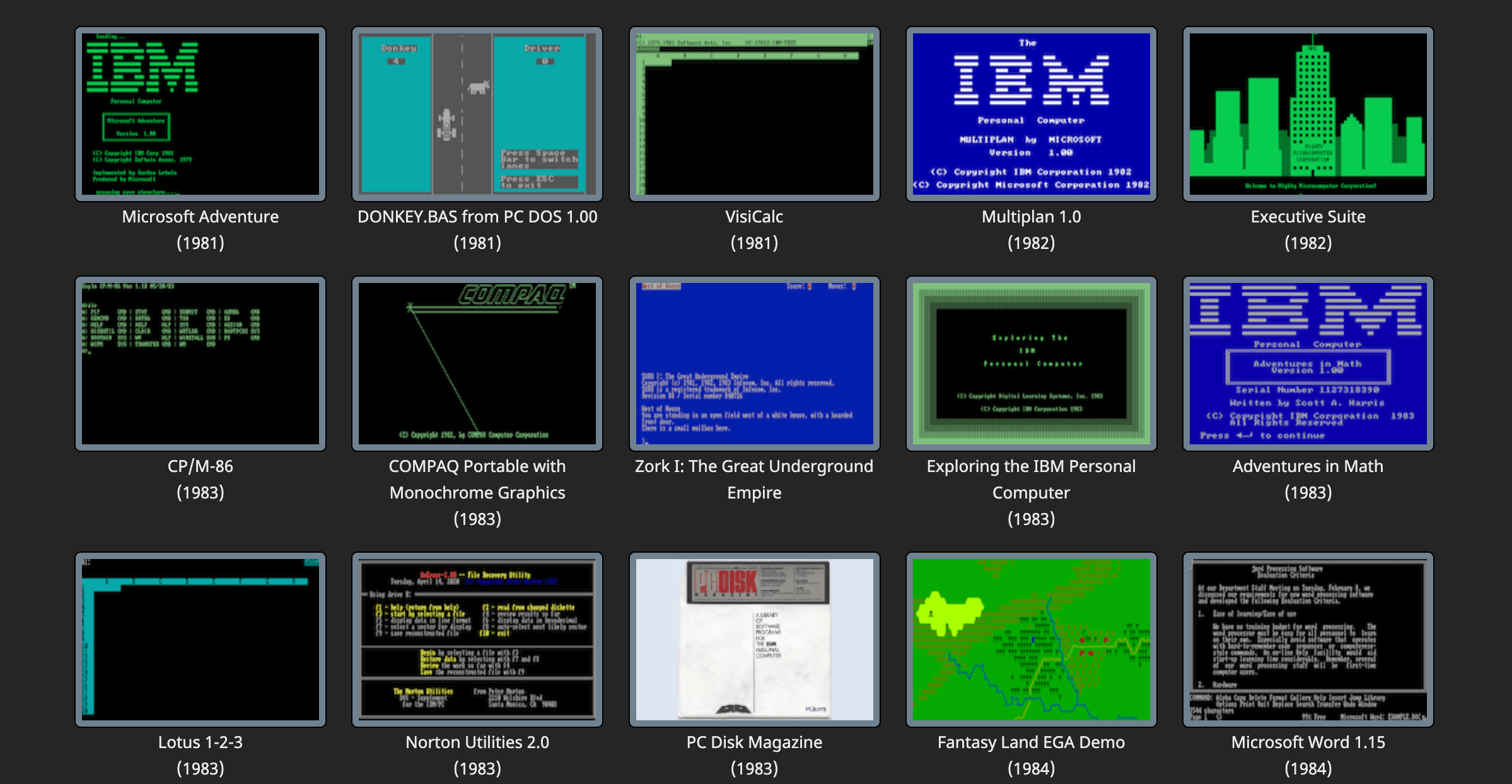 Grille de captures d'écran de logiciels informatiques anciens émulés par PCjs