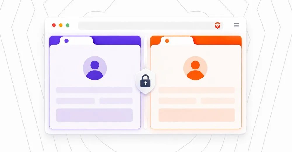 Graphique présentant deux fenêtres de profils d'utilisateurs stylisées, l'une violette et l'autre orange, séparées par un bouclier de sécurité avec un cadenas pour symboliser l'isolation des onglets.