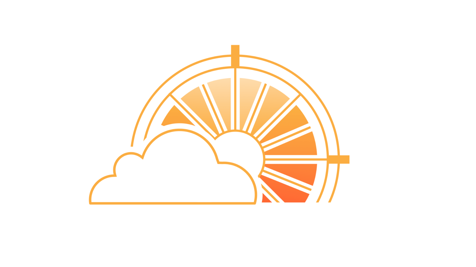 graphique vectoriel épuré orange et blanc représentant un nuage symbolisant le Cloudflare WAF devant un gouvernail ou une cible de sécurité en forme de soleil levant.