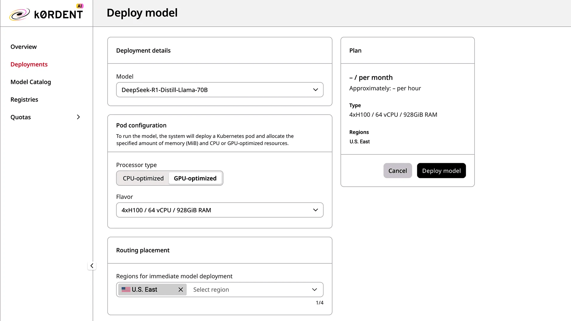 interface d'administration de Mirantis k0rdent AI montrant le menu de déploiement d'un modèle DeepSeek-R1 sur des GPU H100.