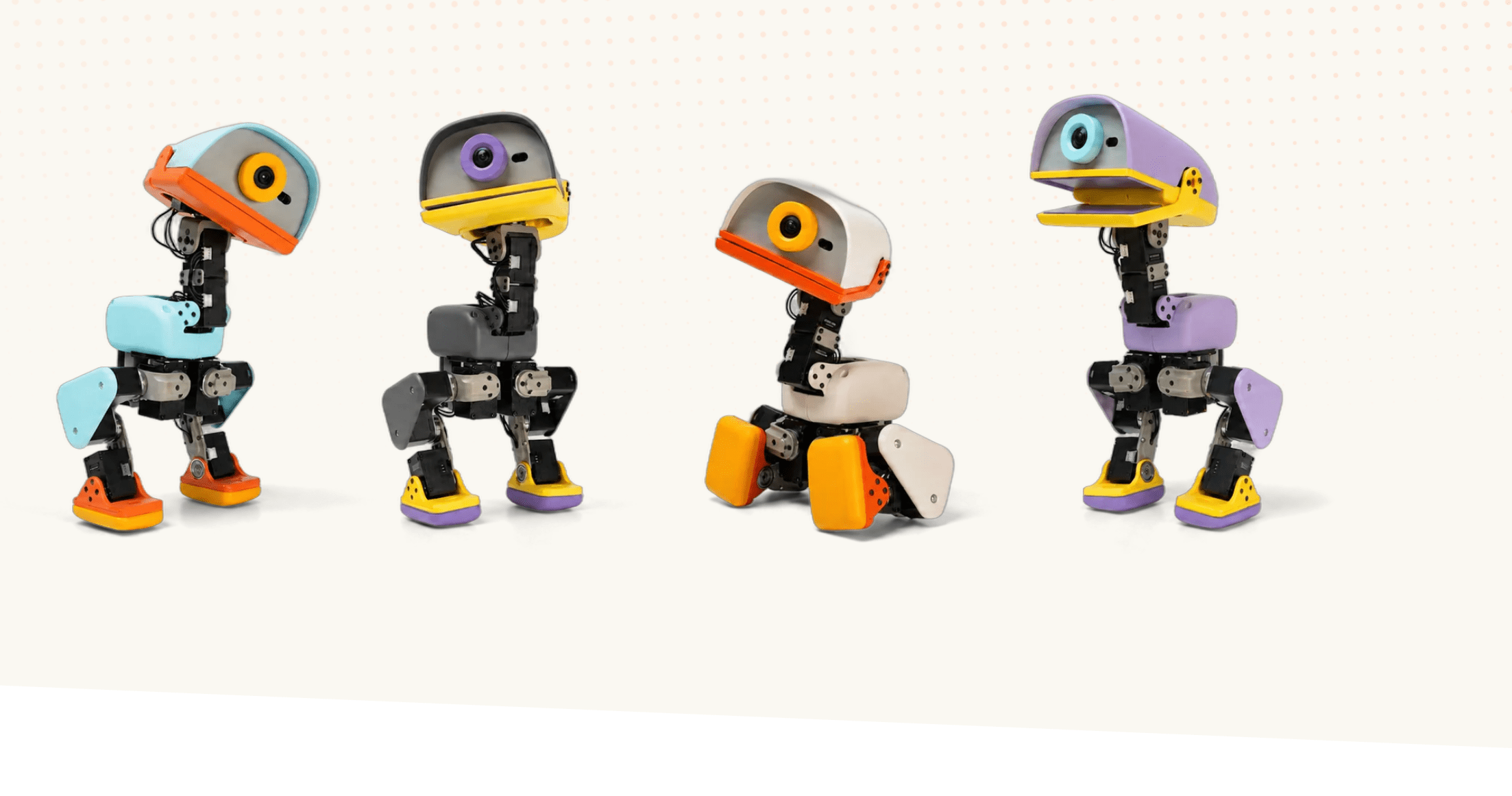 Quatre robots bipèdes Microduck alignés dans leurs différents coloris