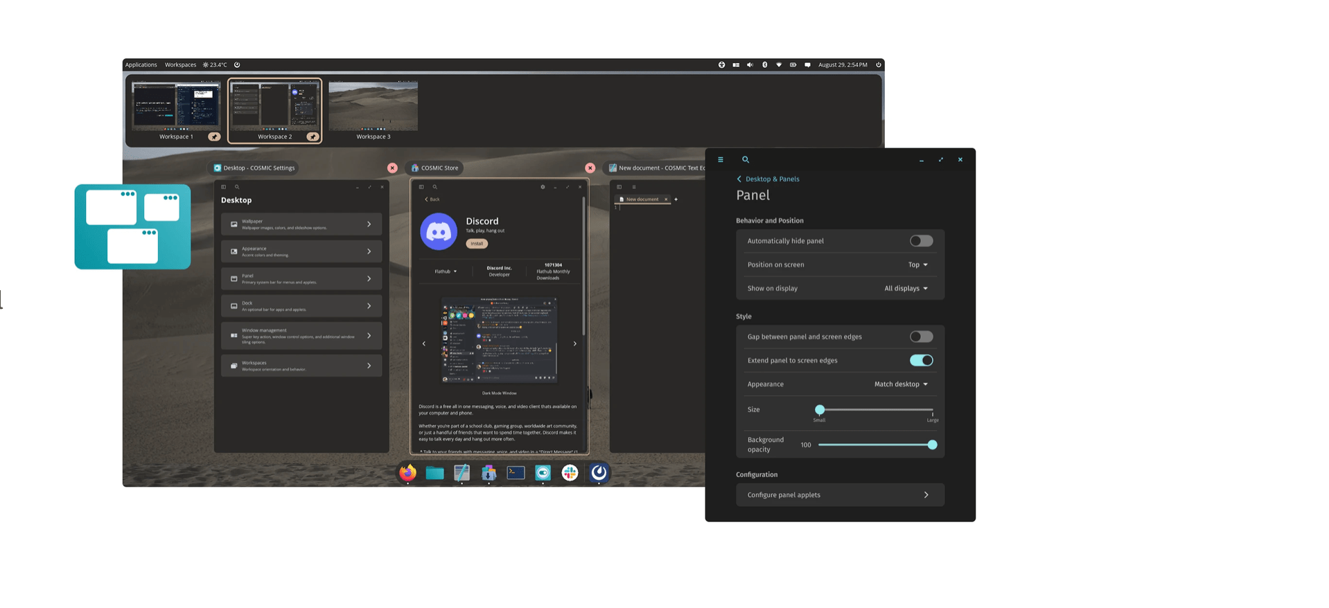 Interface du bureau Linux COSMIC Desktop montrant le panneau de configuration et le magasin d'applications