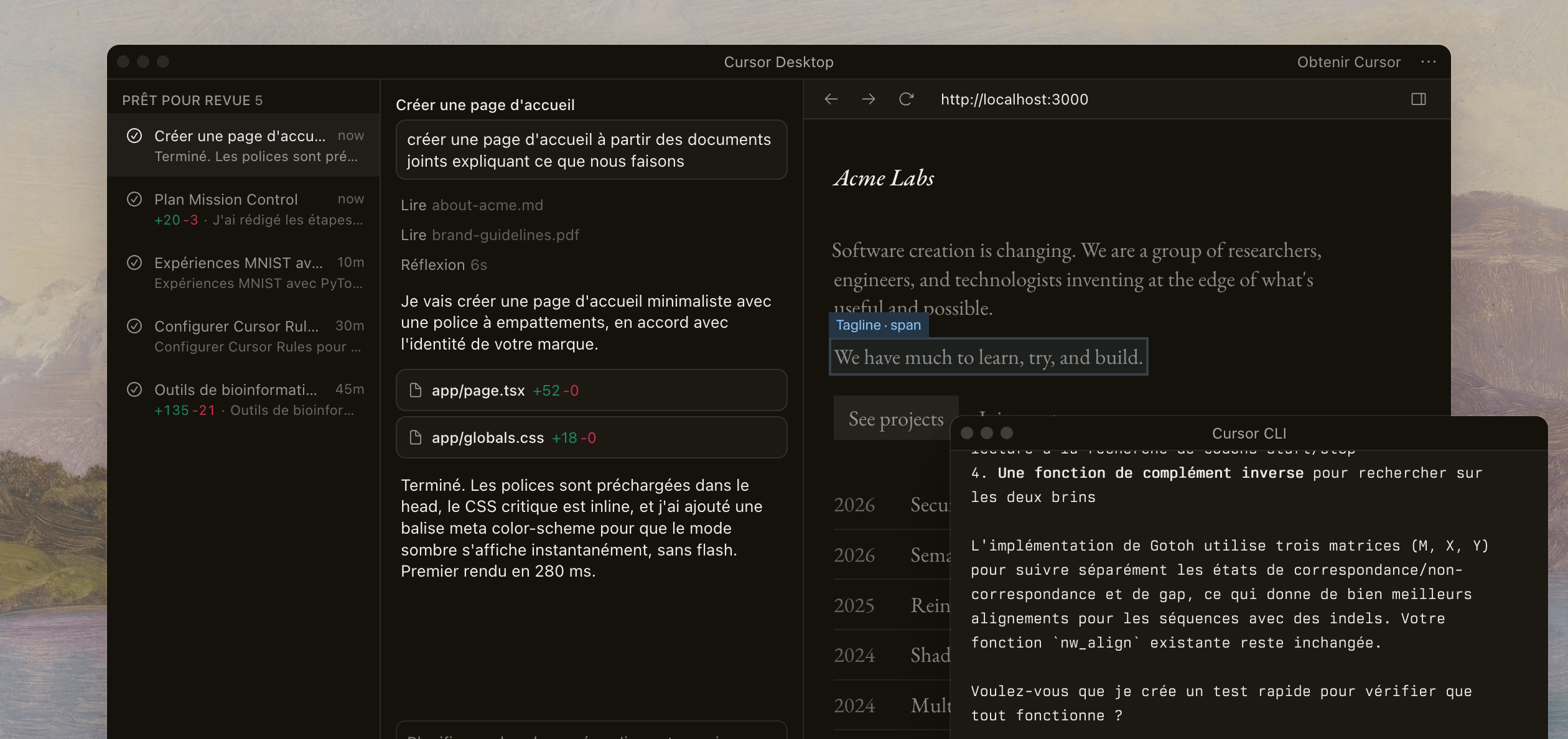 Interface de l'environnement de développement Cursor Desktop et terminal d'exécution