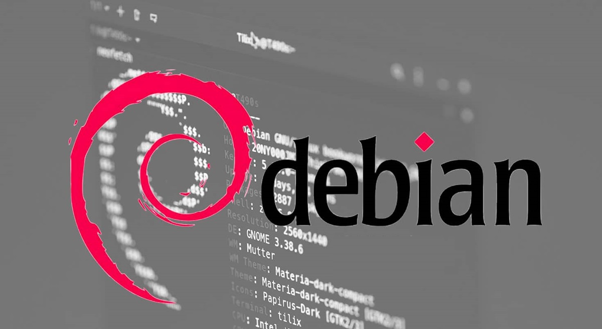 Logo officiel de la distribution Debian GNU Linux avec du code de terminal en arrière-plan