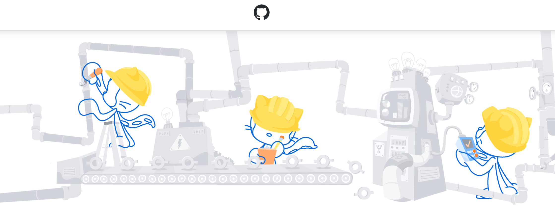 Illustration officielle de la page d'erreur de GitHub montrant les mascottes Octocat en plein travail de maintenance