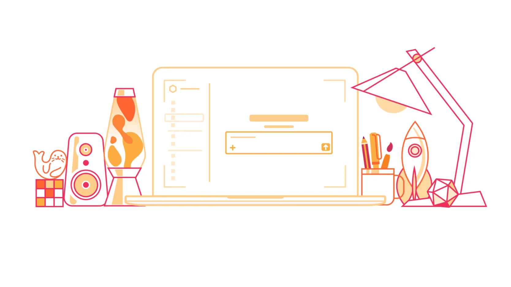 Illustration vectorielle d'un écran d'ordinateur portable entouré d'une lampe et d'accessoires de bureau aux couleurs de Cloudflare OS