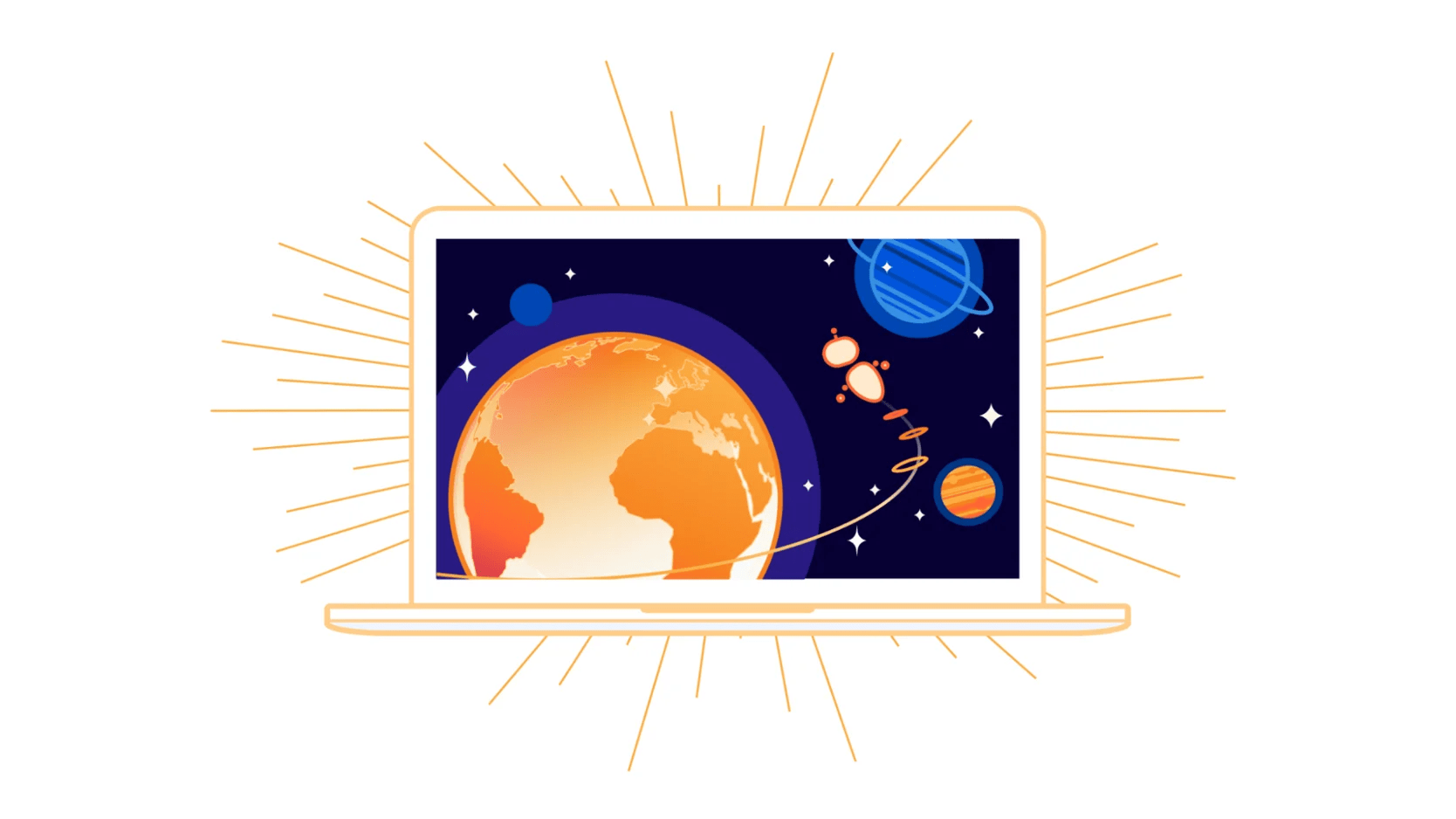 Illustration stylisée d'un ordinateur portable ouvert sur un fond spatial avec des planètes