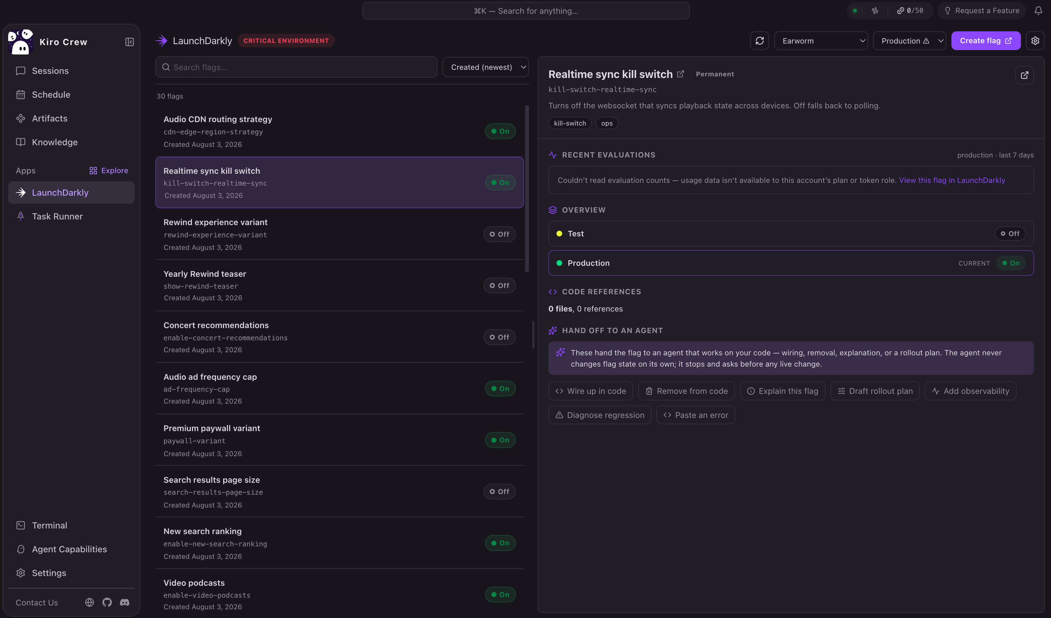 Interface sombre de Kiro Crew affichant la gestion des feature flags LaunchDarkly et le menu des agents