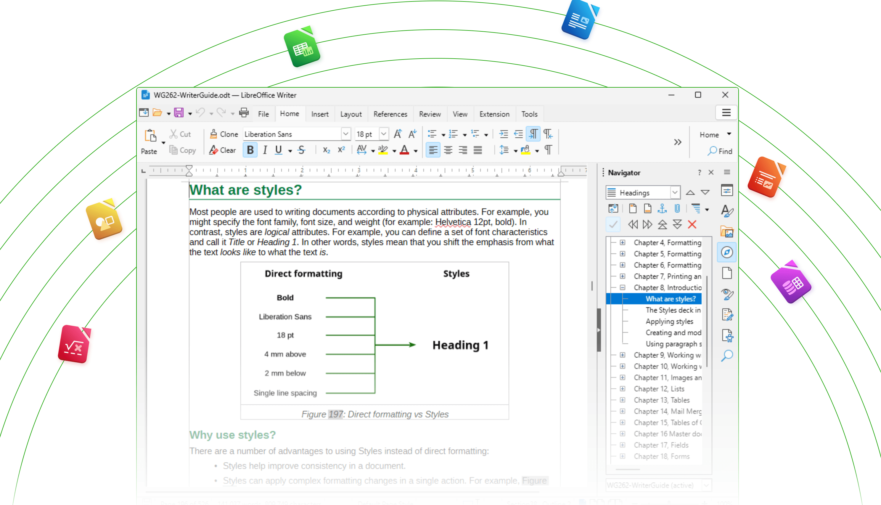 Interface graphique du logiciel LibreOffice Writer affichant un guide de mise en page et la gestion des styles de texte