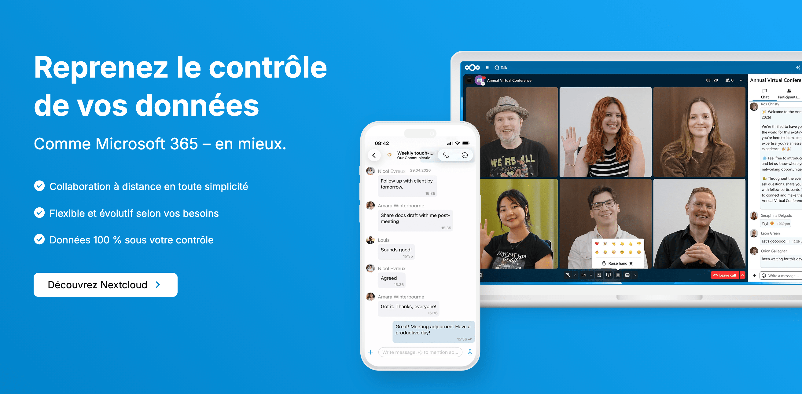 Interface de la plateforme de collaboration Nextcloud affichée sur un ordinateur portable et un smartphone