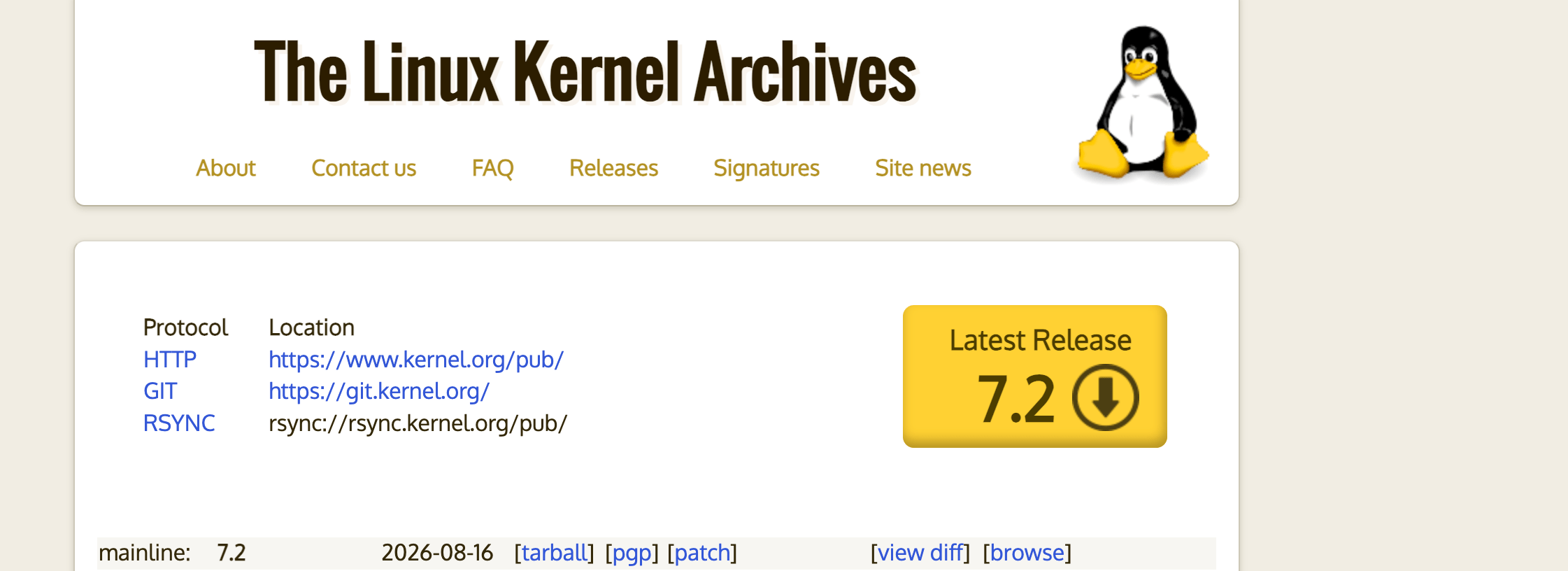 Page d'accueil du site officiel kernel.org affichant le bouton de téléchargement du noyau Linux 7.2