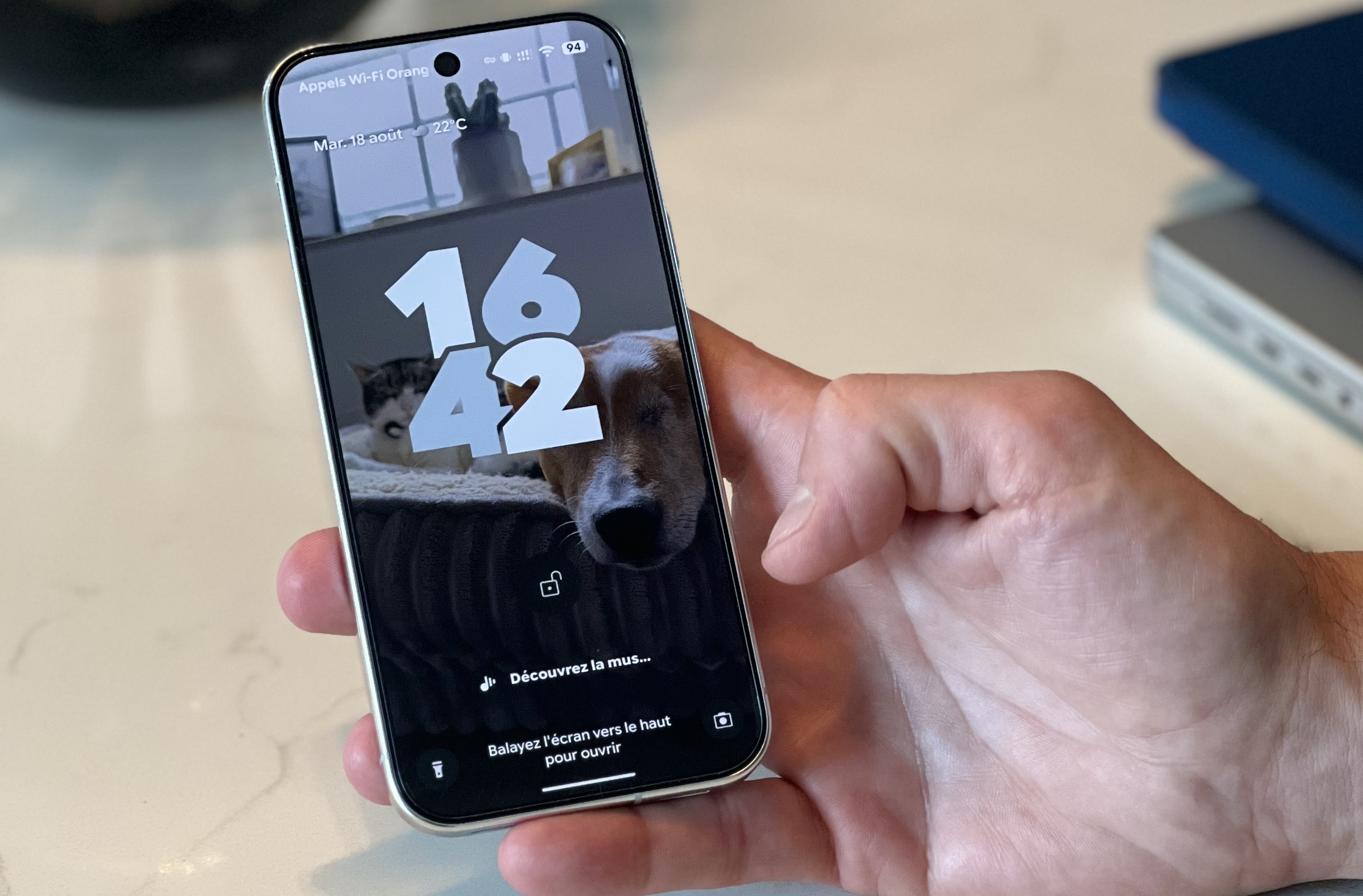 Main tenant un smartphone Google Pixel 11 affichant l'écran de verrouillage avec une horloge et un fond d'écran de chien et chat