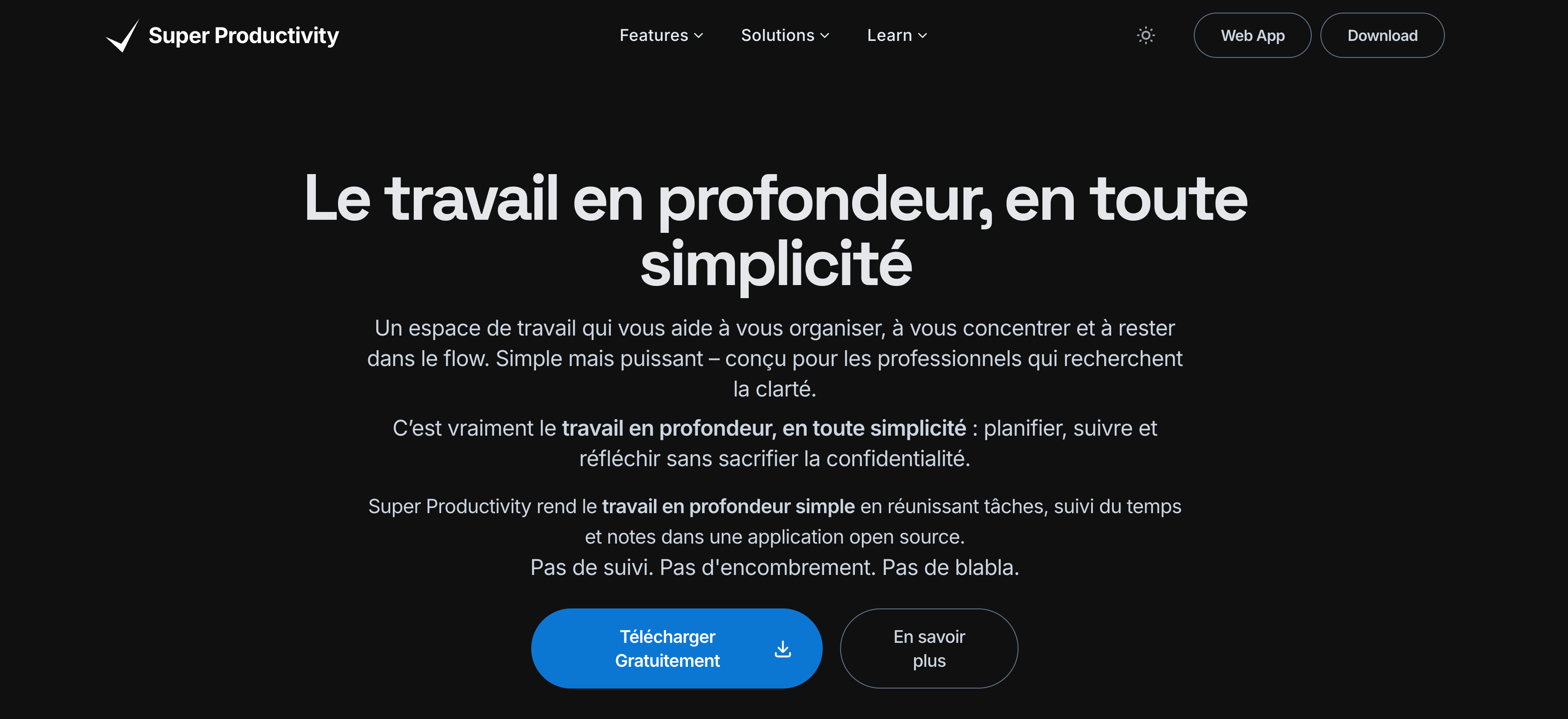 Page d'accueil du site officiel de Super Productivity mettant en avant le travail en profondeur