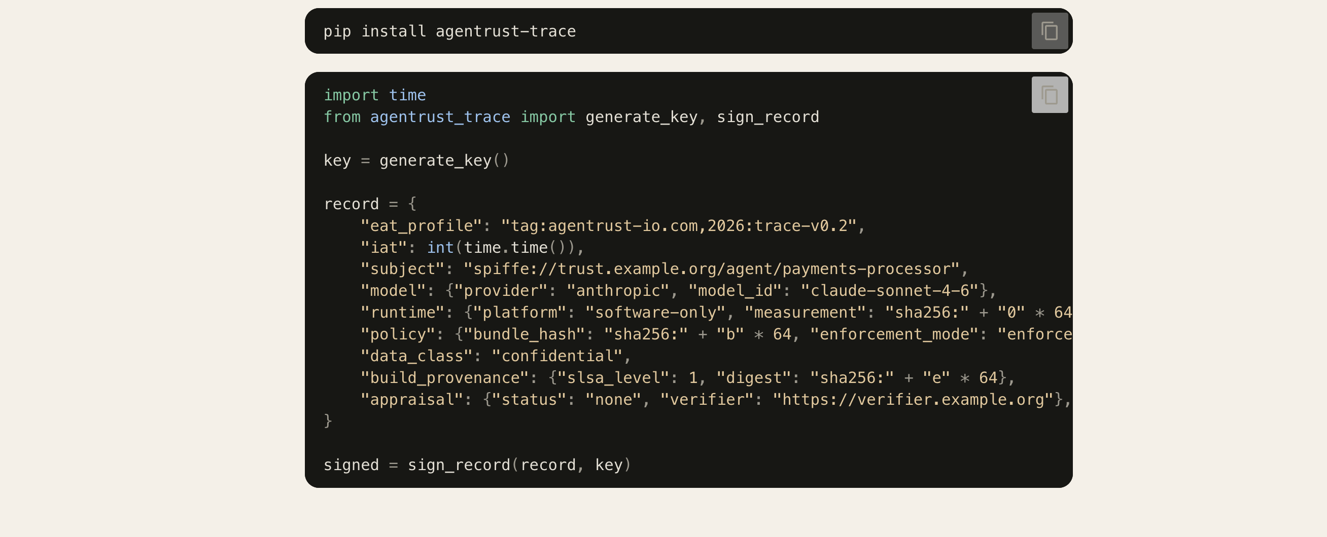 Lignes de commande Python montrant l'installation du paquet agentrust-trace et la génération d'une clé cryptographique
