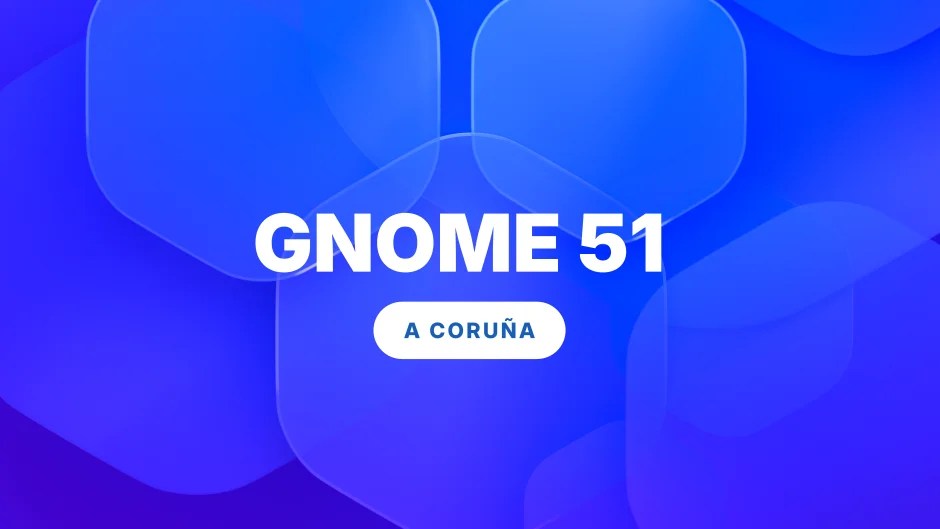 Logo officiel de GNOME 51 A Coruña en lettres blanches sur fond géométrique bleu