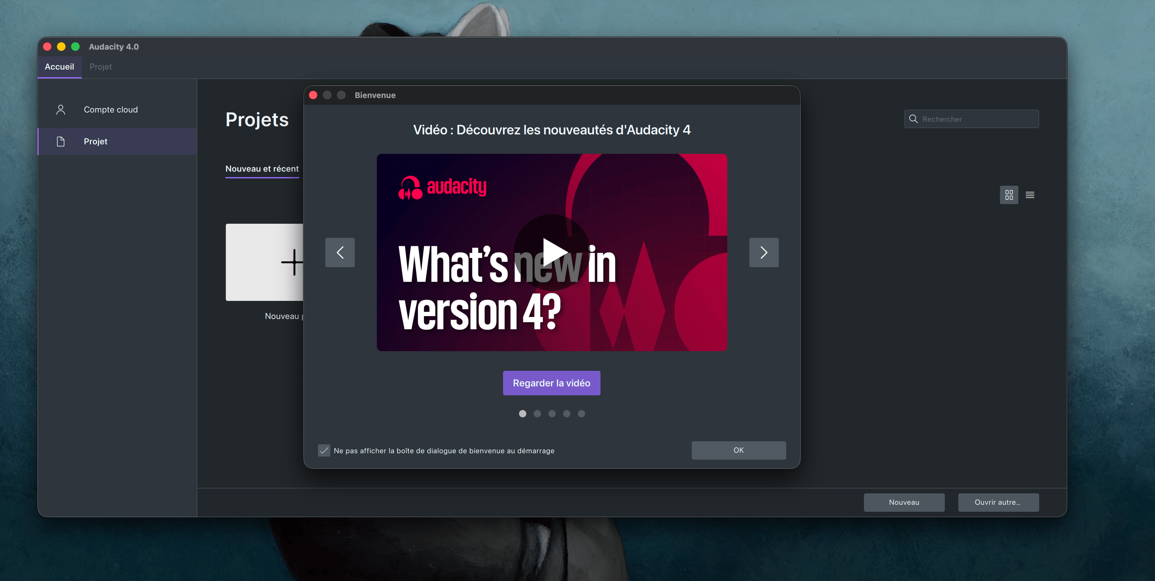 Fenêtre d'accueil d'Audacity 4 sur macOS avec présentation vidéo du toolkit Qt6