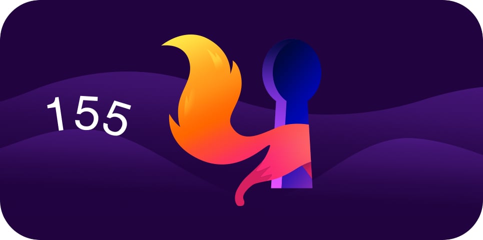 Logo stylisé de Mozilla Firefox 155 sur fond violet sombre avec un trou de serrure