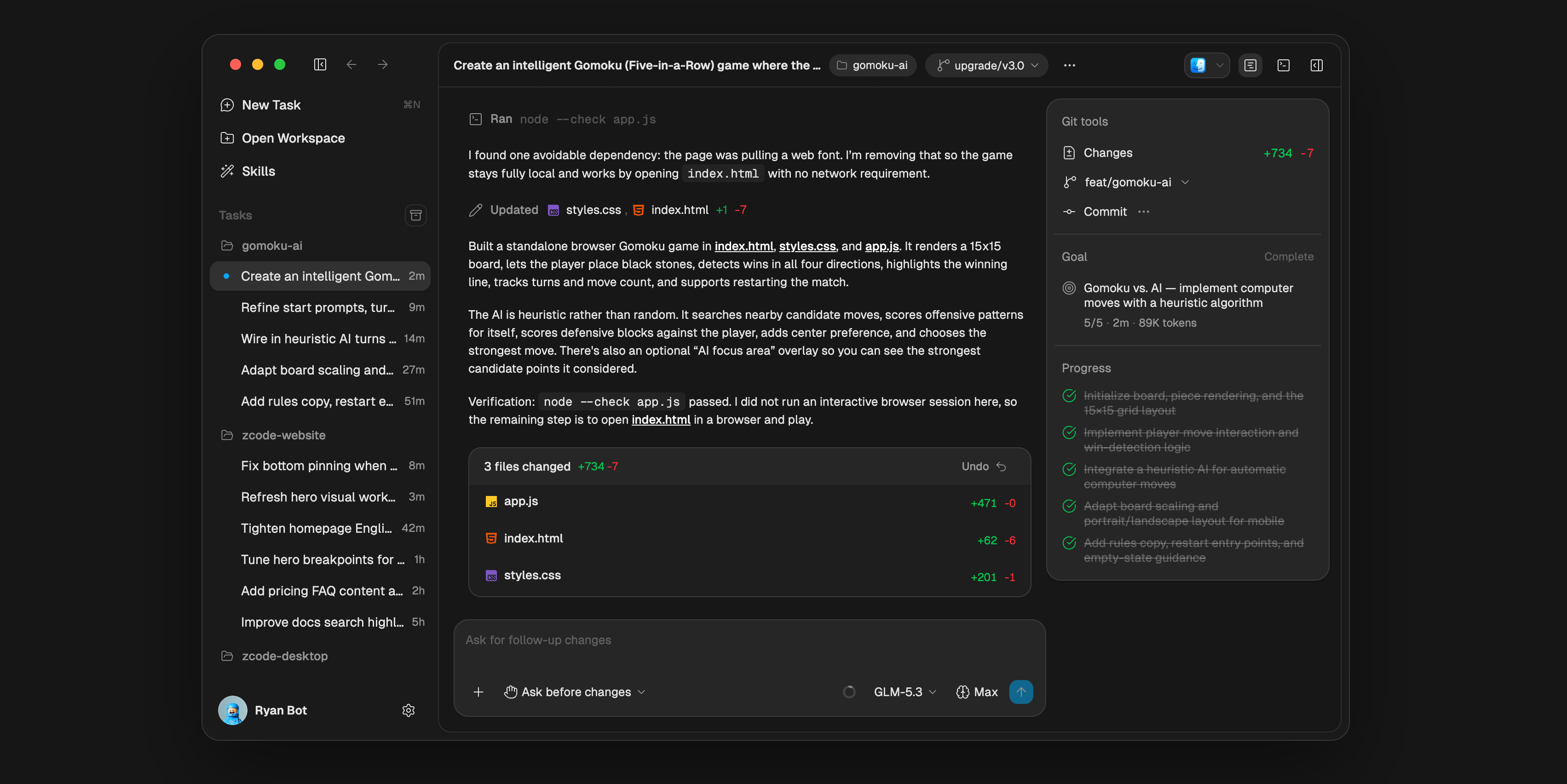Interface de l'environnement de développement ZCode avec panneau de tâches et historique Git